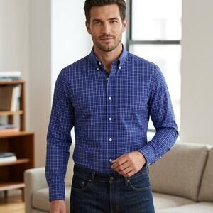 Ralph Lauren Slim Fit Dress Shirt Men Sz 16 34/35 Blue White Checkered Preppy